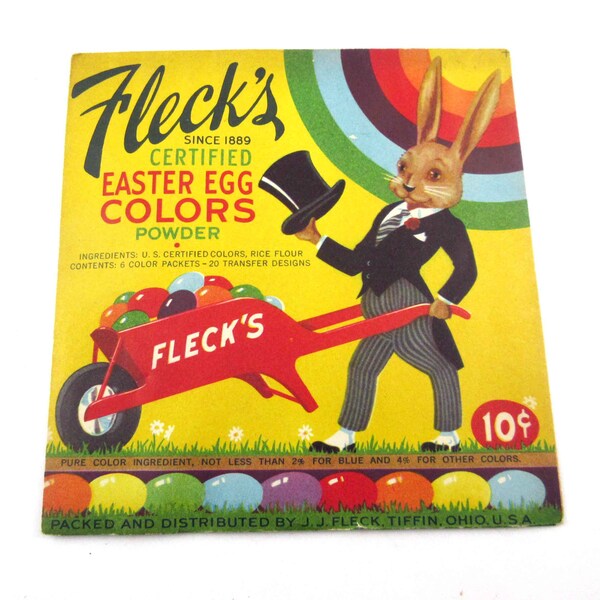 Vintage Unopened Fleck's Easter Egg Colors Dye Packet with Rabbit and Wheelbarrow