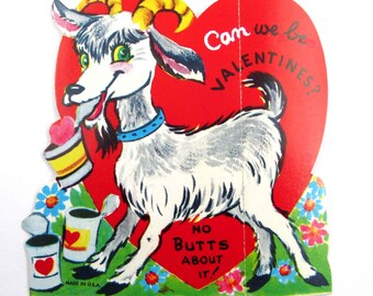 Vintage Children's Valentine Card with Cute Billy Goat with Cans of Food