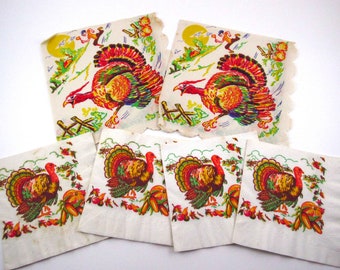 Vintage Thanksgiving Paper Party Napkins with Turkeys and Pumpkins Set of 6