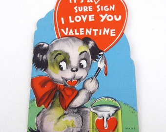 Vintage Valentine Card with Cute Little Dog Painting Brush Paint Can