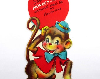 Vintage Children's Valentine Card with Cute Monkey in Blue Hat and Clothing Bow Tie