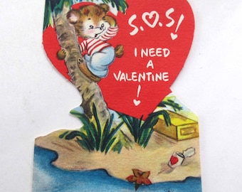 Vintage Unused Children's Valentine Card with Bear in Palm Tree on Island SOS by Hallmark