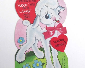 Vintage 1950s Children's Valentine Card with Adorable White Lamb by A-Meri-Card