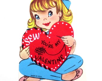 Vintage Unused Children's Valentine Card with Little Girl Sewing Needle Sew