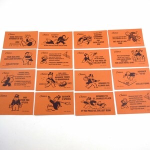Jeu de 16 pièces de cartes de jeu Monopoly Chance vintage