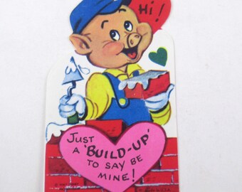 Vintage Children's Valentine Card with Three Little Pigs and Bricks Walt Disney