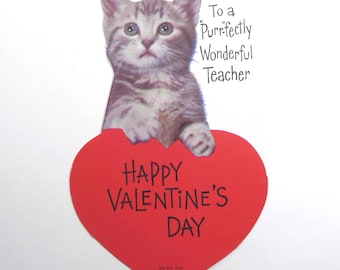 Vintage Unused Children's Valentine Card for Teacher with Adorable Grey Tabby Cat and Red Heart