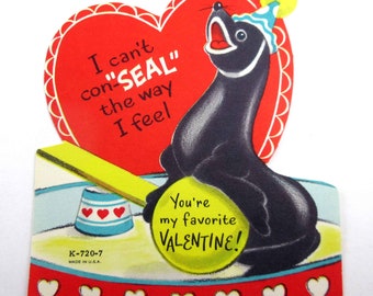 Vintage Children's Valentine Card with Cute Circus Seal Ball and Hearts