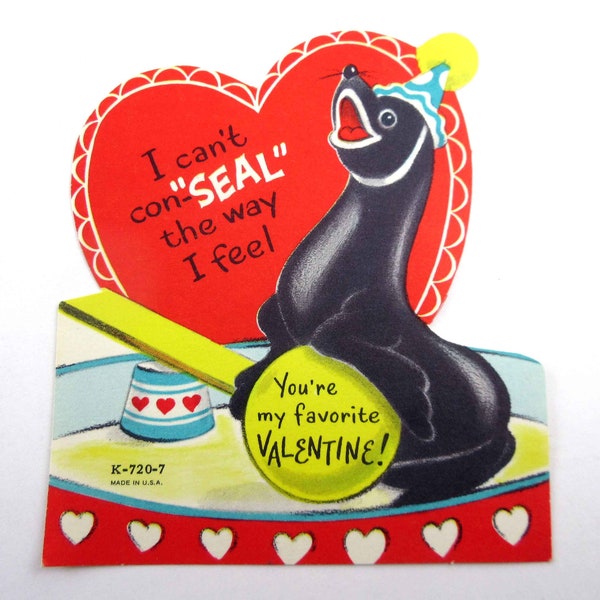 Vintage Children's Valentine Card with Cute Circus Seal Ball and Hearts