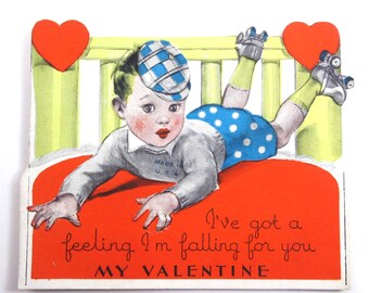 Vintage Children's Valentine Card with Little Boy Falling on Roller Skates Roller Skating