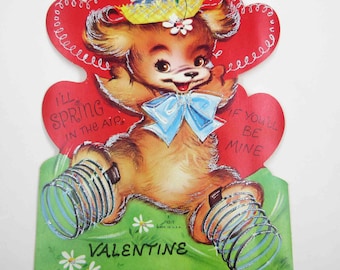 Vintage Unused Over Sized Children's Novelty Valentine Greeting Card with Cute Dog in Hat Bow and Springs on Feet