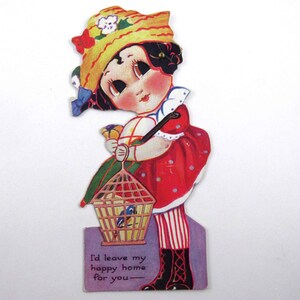 Carte de Saint-Valentin mécanique vintage pour enfants avec une jolie fille avec un chapeau et un oiseau bleu dans une cage par Carrington
