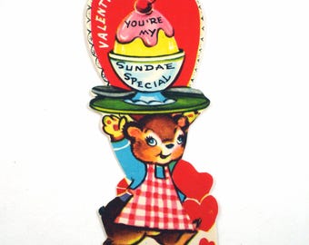 Vintage Unused Children's Valentine Card with Cute Bear Serving an Ice Cream Sundae Food Waiter