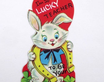 Vintage Unused Children's Valentine Card with Cute Bunny Rabbit Horseshoe Four Leaf Clovers