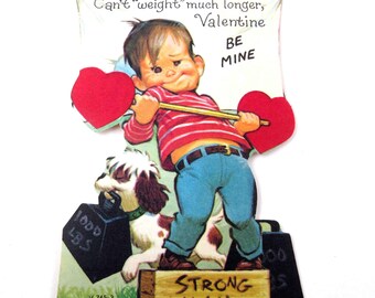 Vintage Children's Valentine Card with Strong Man Weights and Dog