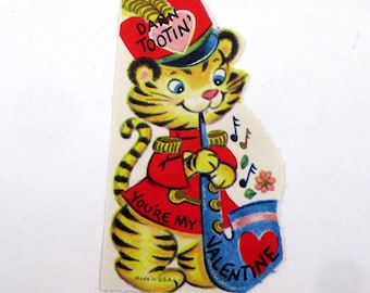 Vintage Children's Valentine Card with Cute Tiger Playing Horn Musical Instrument