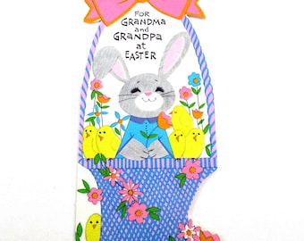 Vintage 1960s Easter Card with Cute Bunny Rabbit and Chicks in Basket by American Greetings