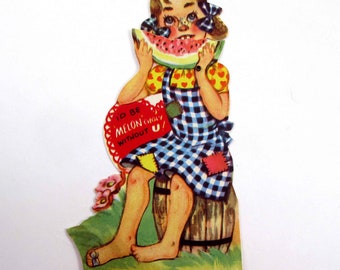 Vintage Children's Mechanical Valentine Card with Cute Hillbilly Farm Girl Eating Watermelon