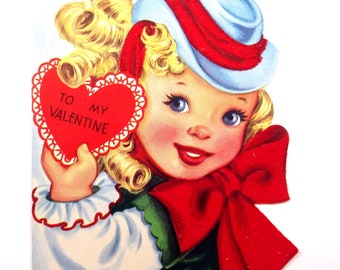 Vintage Children's Flocked Valentine Greeting Card with Girl Holding a Heart by A-Meri-Card