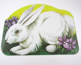 Vintage Die Cut Cardboard Easter Decoration with White Rabbit and Purple Flowers