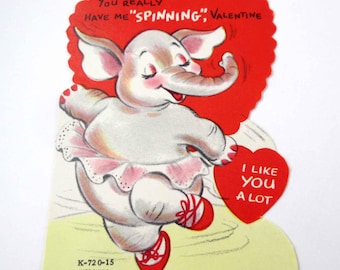 Vintage Unused Children's Valentine Card with Cute Elephant in Tutu Dancing