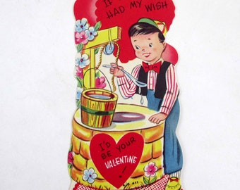 Vintage Children's Valentine Card with Boy and Wishing Well Water
