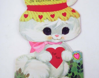 Vintage 1970s Children's Trifold Valentine Greeting Card with Cute Rabbits and Straw Hats American Greetings