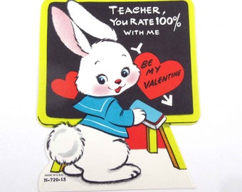 Vintage Unused Children's Valentine Card with Adorable Rabbit at Blackboard for Teacher