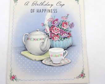 Vintage Unused Birthday Card with Teapot Plastic Teacup Saucer and Flowers Rust Craft