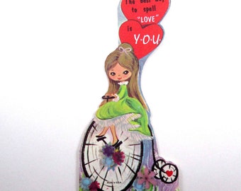 Vintage Unused Children's Valentine Card with Cute Girl on Old Fashioned Tricycle Bicycle