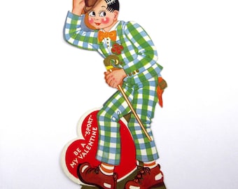 Vintage Valentine Card with Cute Boy Man in Plaid Sports Jacket Suit Cane Hat