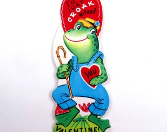 Carte de Saint-Valentin pour enfants vintage avec une adorable canne en forme de chapeau de grenouille