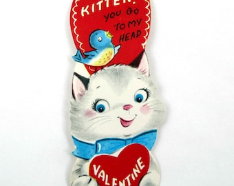 Vintage Children's Valentine Card with Cute Cat and Blue Bird