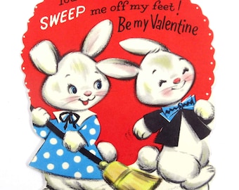 Vintage Unused Children's Valentine Card with Rabbits Sweeping with Broom Housewife