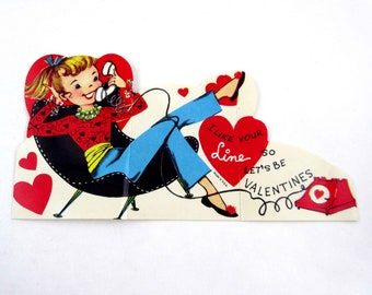 Vintage Children's Valentine Card with Cute Teen Girl Teenager on Old Fashioned Rotary Telephone or Phone Retro Chair