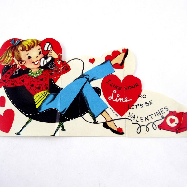 Vintage Children's Valentine Card with Cute Teen Girl Teenager on Old Fashioned Rotary Telephone or Phone Retro Chair