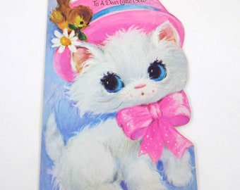 Vintage Birthday Greeting Card with Cat and Pink Hat Bow Bird