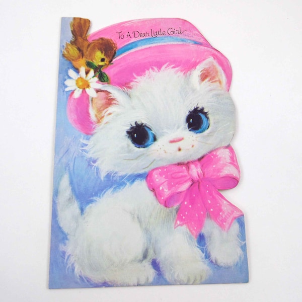 Vintage Birthday Greeting Card with Cat and Pink Hat Bow Bird