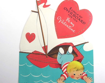 Vintage Over Sized Children's Valentine Card with Cute Boy Overboard on Boat on Water