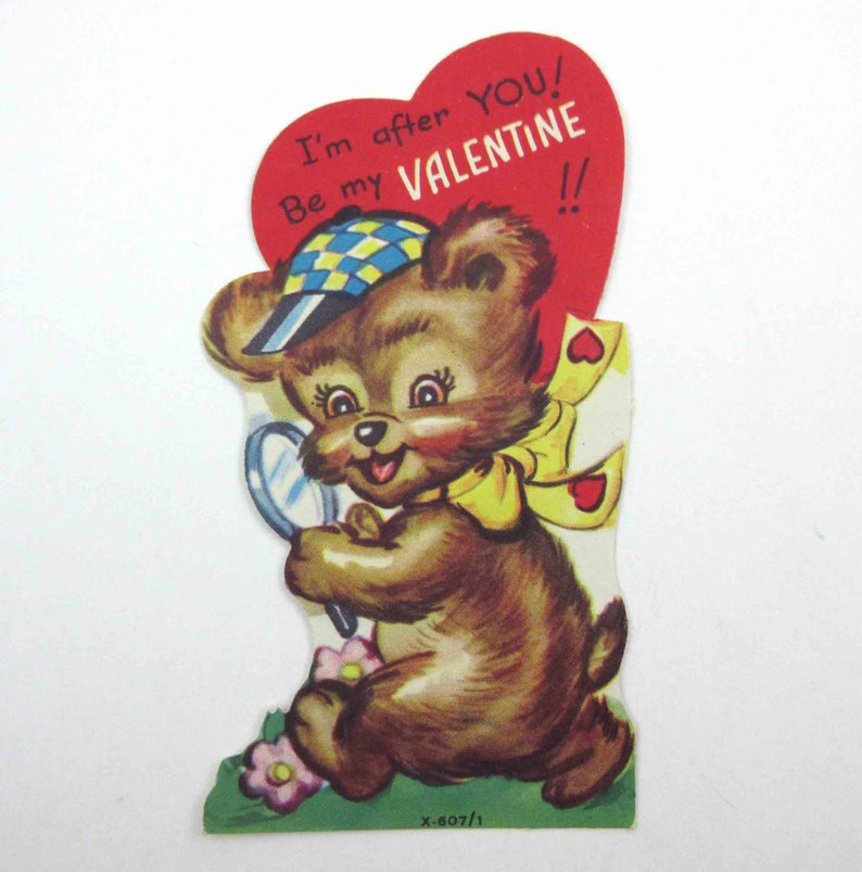 Vintage 1950s Children's Novelty Valentine Greeting Card with Cute Brown Bear Detective with Magnifying Glass and Cap image 1