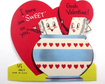 Vintage Unused Children's Valentine Card with Cute Anthropormorphic Sugar Cubes in Bowl