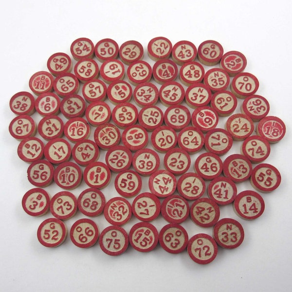 Vintage Wooden Bingo Game Pieces with Red Numbers and Letters Set of 74