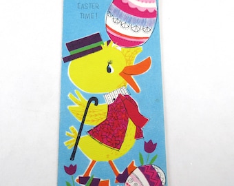 Vintage Easter Greeting Card with Cute Duck in Top Hat Cane Eggs