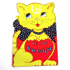 Vintage Children's Valentine Card with Cute Yellow Tabby Cat with Big Blue Bow