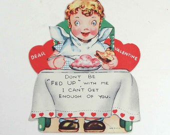 Vintage Unused Children's Valentine Card with Boy Eating Pie and Pink Ice Cream at Table