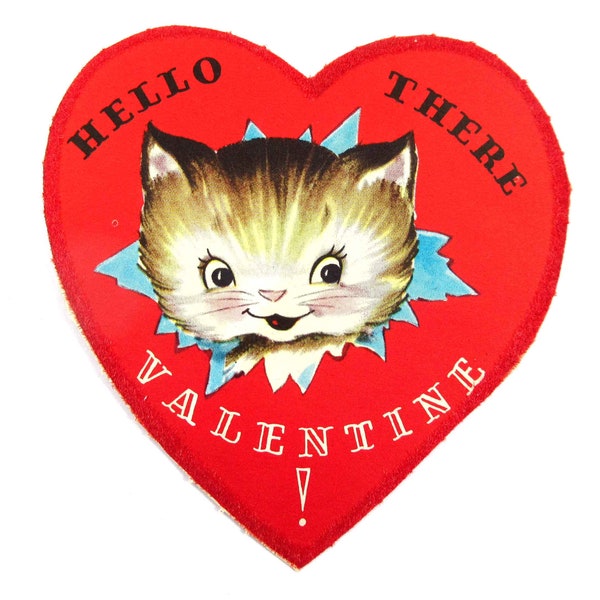 Vintage Children's Flocked Valentine Card with Cute Cat Kitten in Red Heart