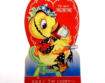 Vintage Valentine Card with Yellow Duck Drinking Tea or Coffee in Fancy Bonnet