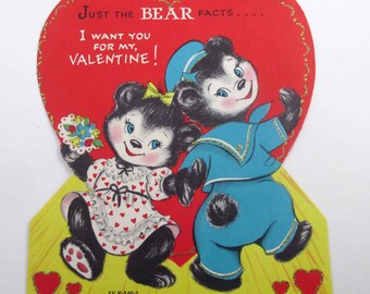 Vintage Unused Over Sized Valentine  Card with Cute Bears Dancing Sailor Bear