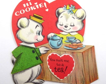 Vintage Unused Children's Valentine Card with Cute White Bears with Tea and Cookies