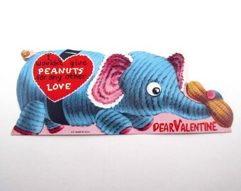 Vintage Children's Valentine Card with Cute Blue Elephant with Peanut